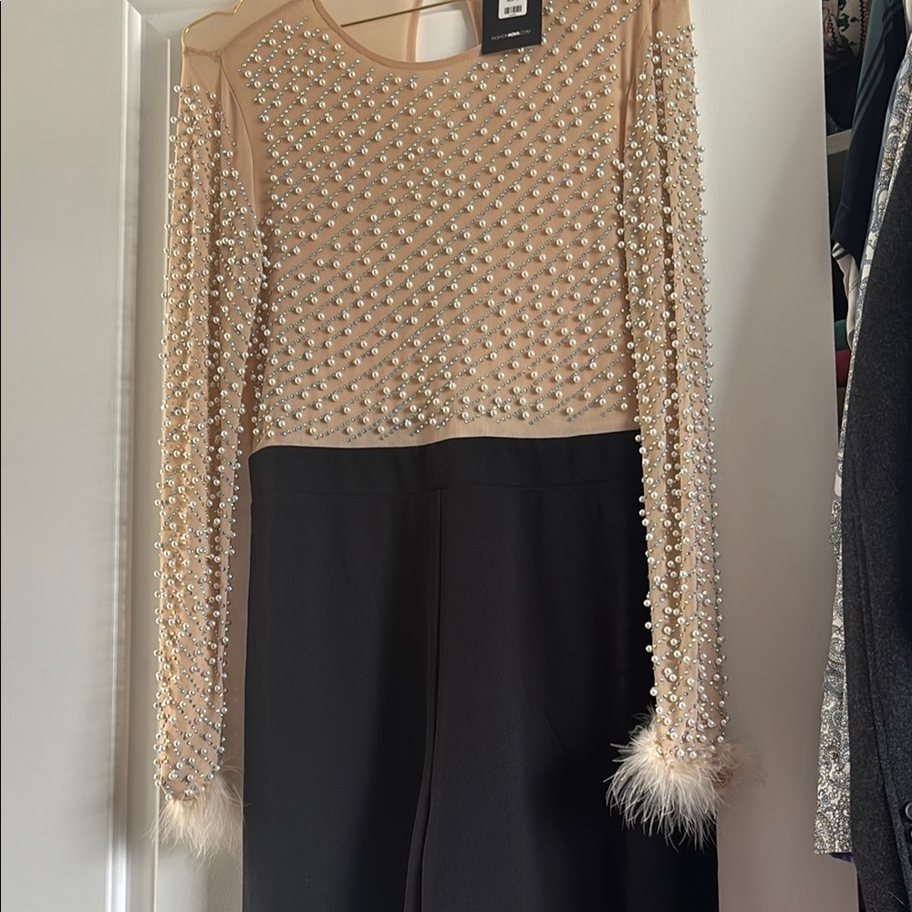 Embellished Nude and Black Jumpsuit